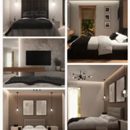 Kolaż przedstawiający cztery różne aranżacje sypialni w nowoczesnym stylu, z różnymi kolorami ścian, oświetleniem i dekoracjami.