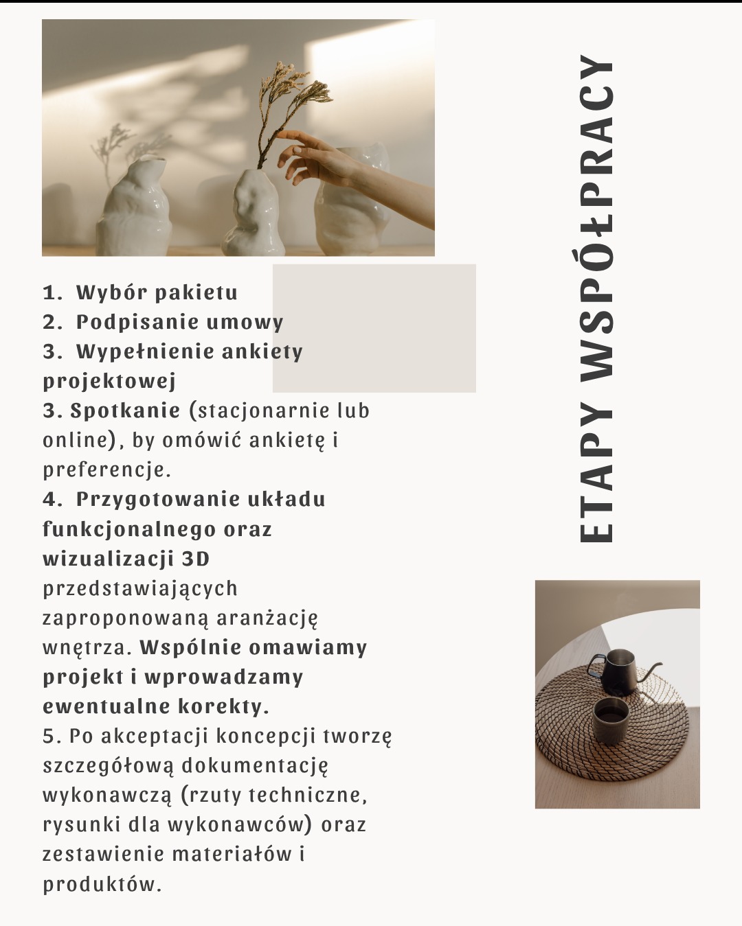 Infografika przedstawia etapy współpracy przy projektowaniu wnętrz, od wyboru pakietu po dokumentację wykonawczą i wizualizacje 3D.