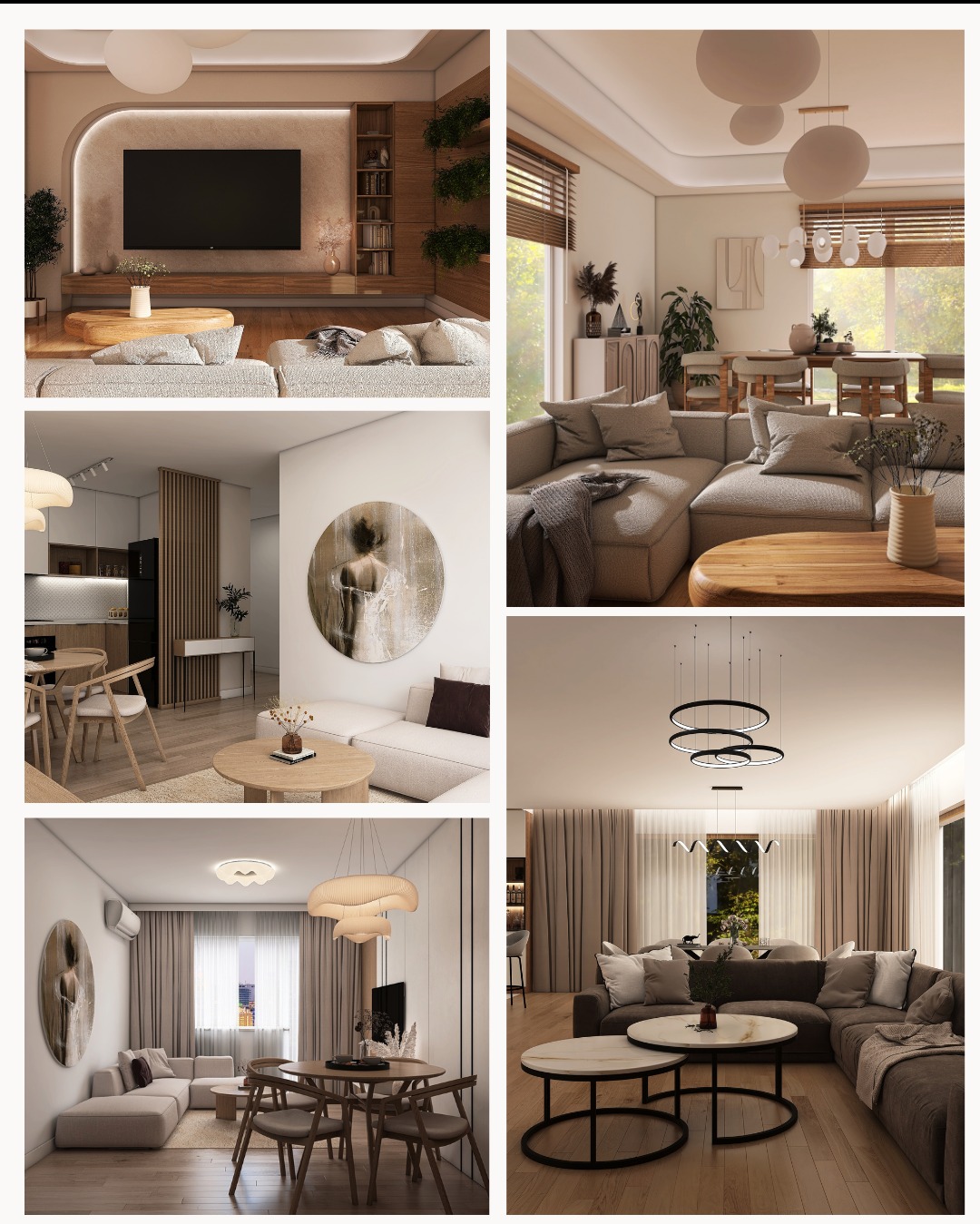 Kolaż czterech wizualizacji wnętrz: salon z TV, jadalnia z kanapą, salon z okrągłym obrazem, salon z zasłonami i okrągłymi stolikami kawowymi.