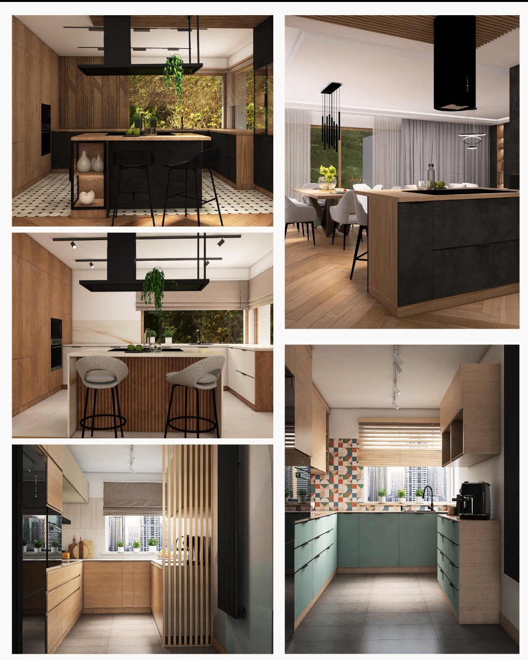 Wizualizacja kuchni z wyspą, drewniane szafki, czarny okap i krzesła barowe. Widok na okno z zielenią. Nowoczesny design, różne ujęcia w kolażu.