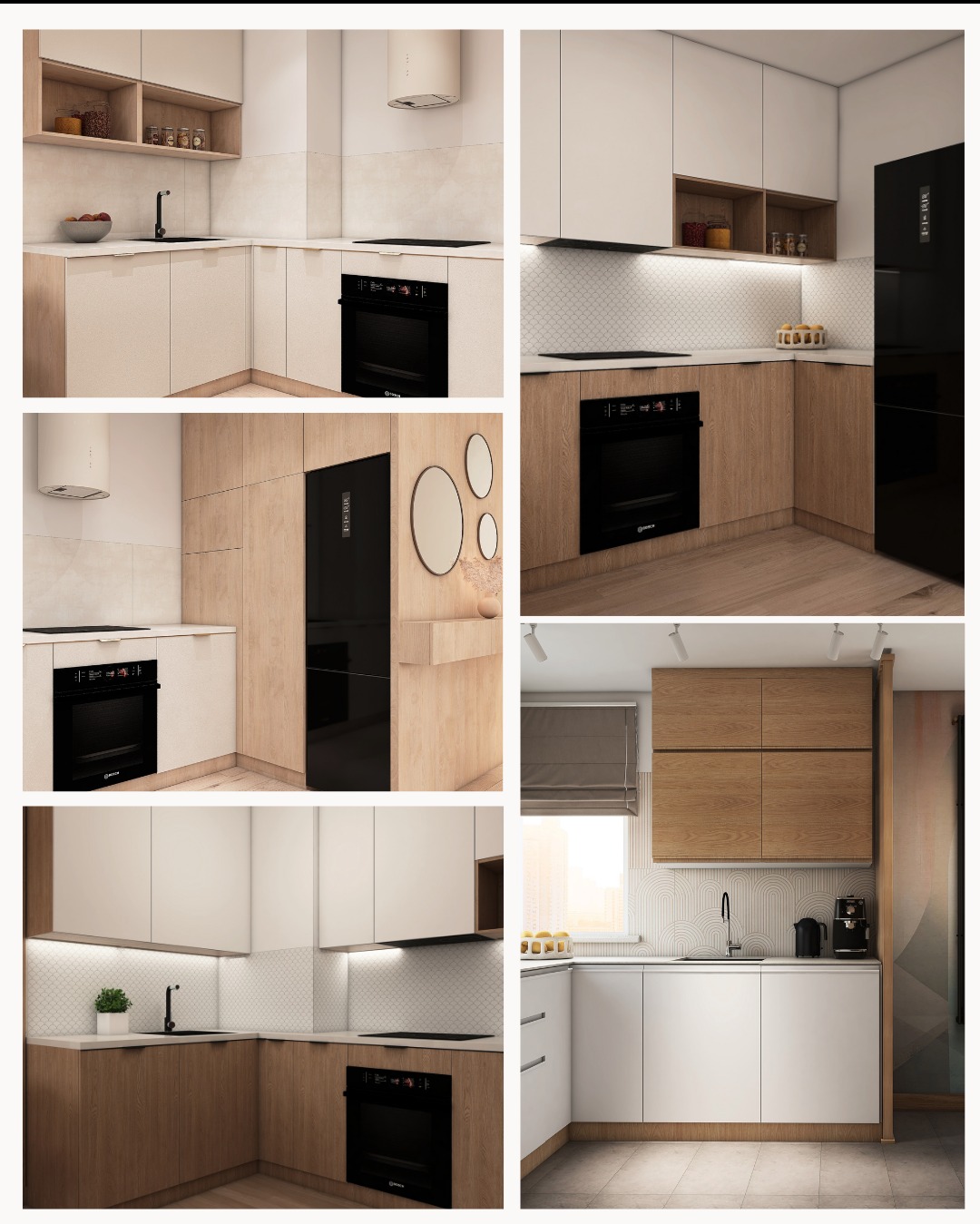 Wizualizacja nowoczesnej kuchni z drewnianymi i białymi szafkami. Widoczne różne ujęcia, oświetlenie LED, sprzęt AGD i minimalistyczny design. Aranżacja wnętrza.