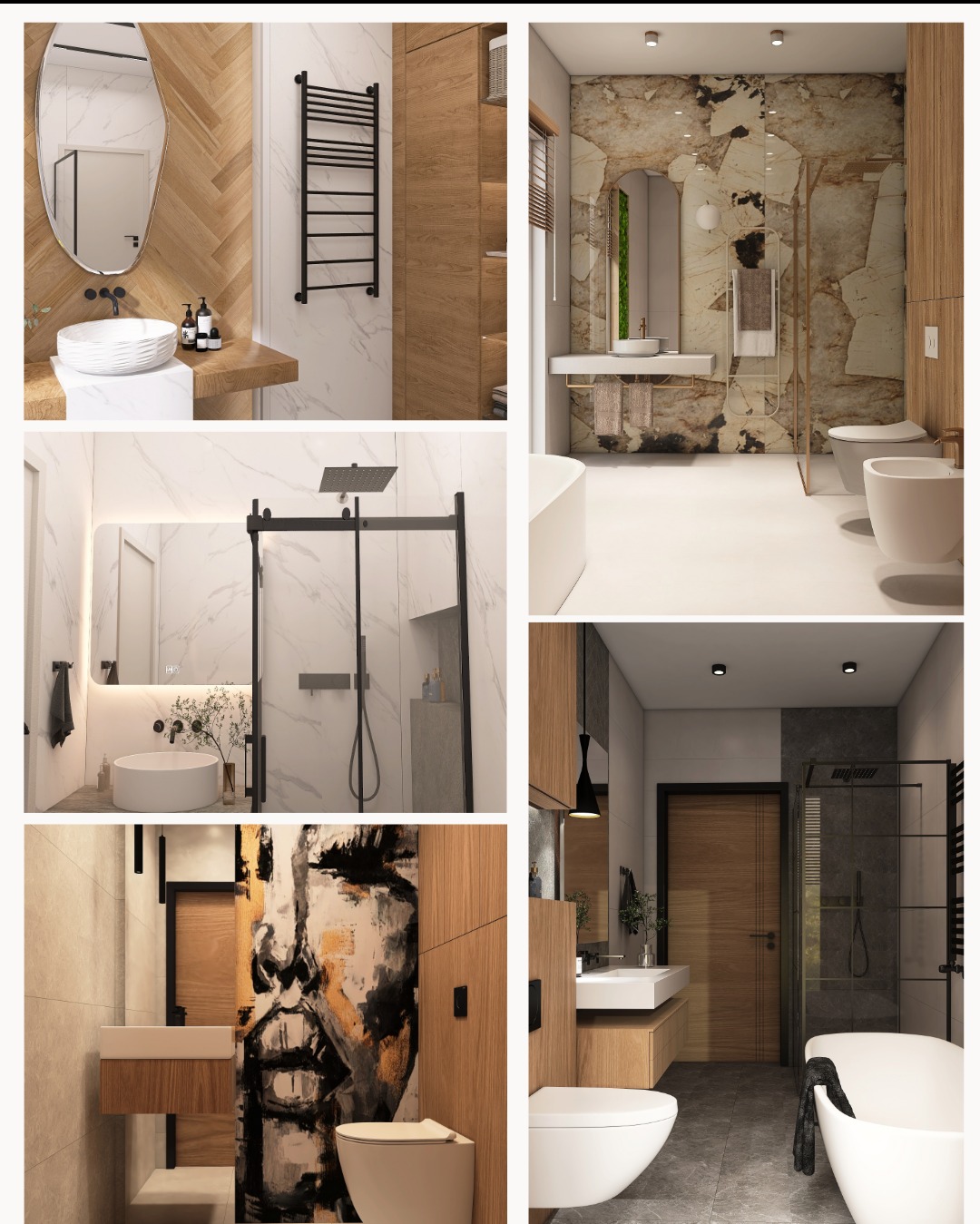 Kolaż z wizualizacji wnętrz łazienek: nowoczesne aranżacje z drewnem, marmurem i minimalistycznymi detalami. Różne style, od jasnych po ciemne, z unikalnymi elementami dekoracyjnymi.