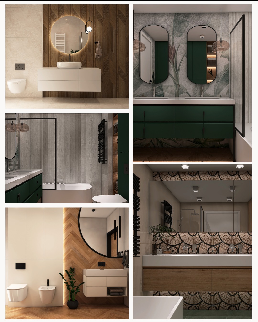 Kolaż przedstawiający różne aranżacje łazienek: nowoczesne umywalki, lustra z podświetleniem LED, drewniane akcenty i rośliny doniczkowe. Estetyczne i funkcjonalne rozwiązania.