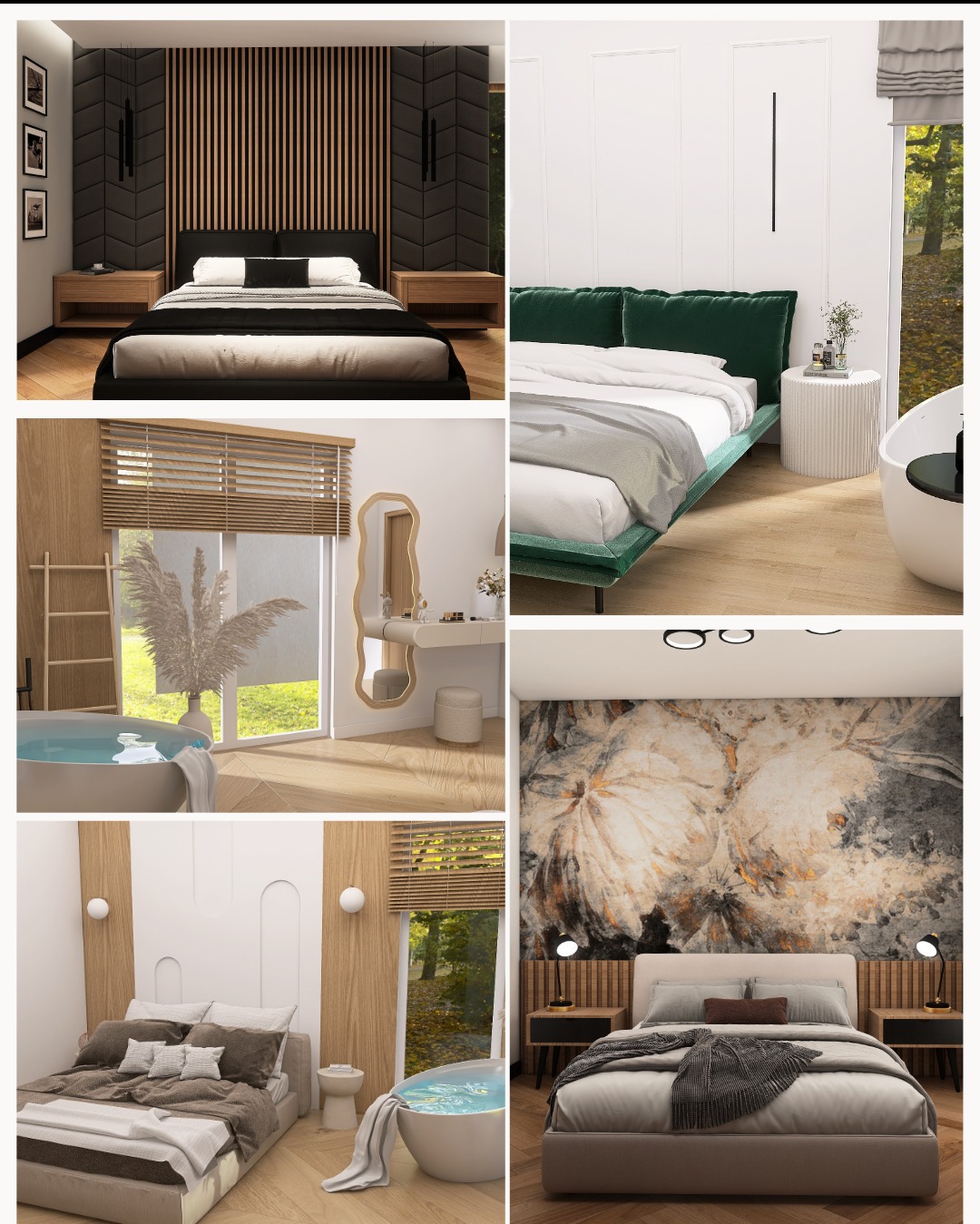 Kompozycja czterech aranżacji wnętrz: sypialni z panelami ściennymi, zielonego łóżka, łazienki z wanną i toaletką, sypialni z abstrakcyjną tapetą.