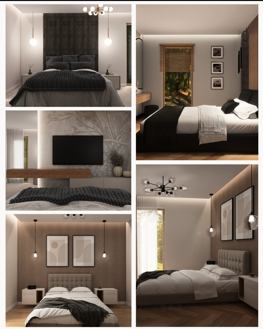 Kolaż przedstawiający cztery różne aranżacje sypialni w nowoczesnym stylu, z różnymi kolorami ścian, oświetleniem i dekoracjami.