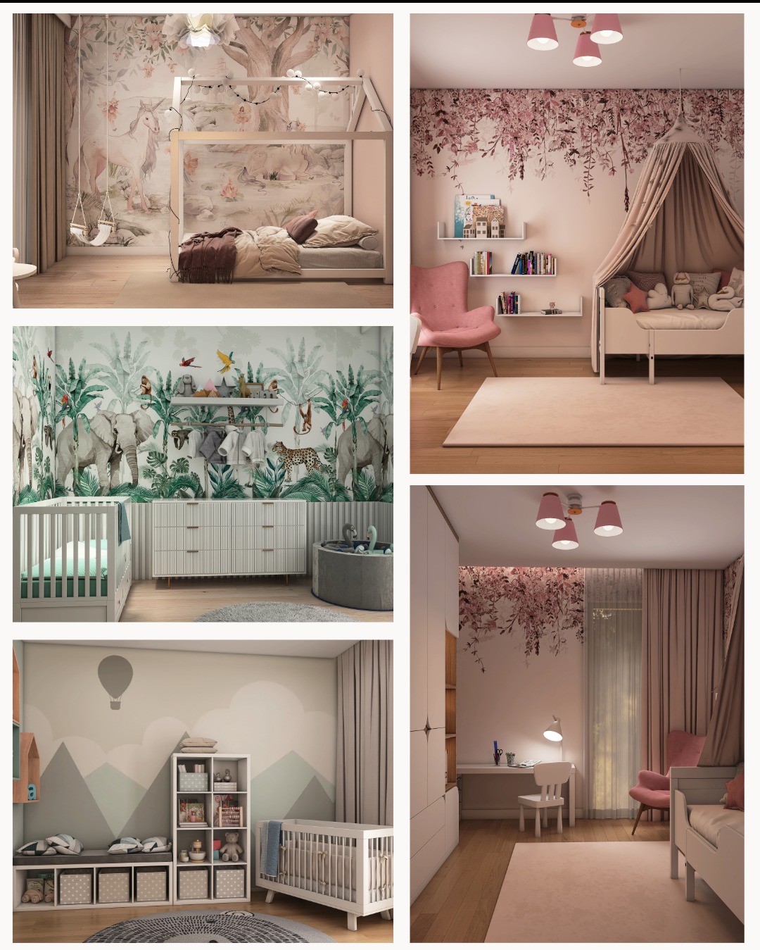 Kolaż czterech aranżacji pokoju dziecięcego w różnych stylach, z tapetami i meblami. Subtelny design wnętrz w Ostrzeszowie.