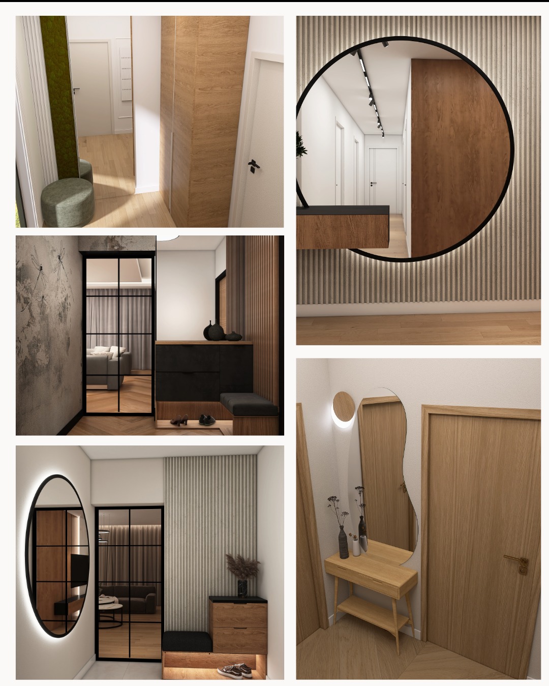 Kolaż z wizualizacji eleganckiego przedpokoju: lustra, drewniane panele, minimalistyczne meble, oświetlenie LED, stonowana kolorystyka, nowoczesny design.