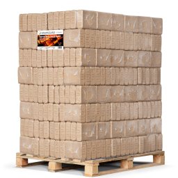 DREWNOLAND SPÓŁKA CYWILNA Socha Łukasz Socha Mateusz - Ułożony na palecie stos brykietu dębowego RUF, opakowany folią, z widoczną etykietą producenta DrewnoLand.