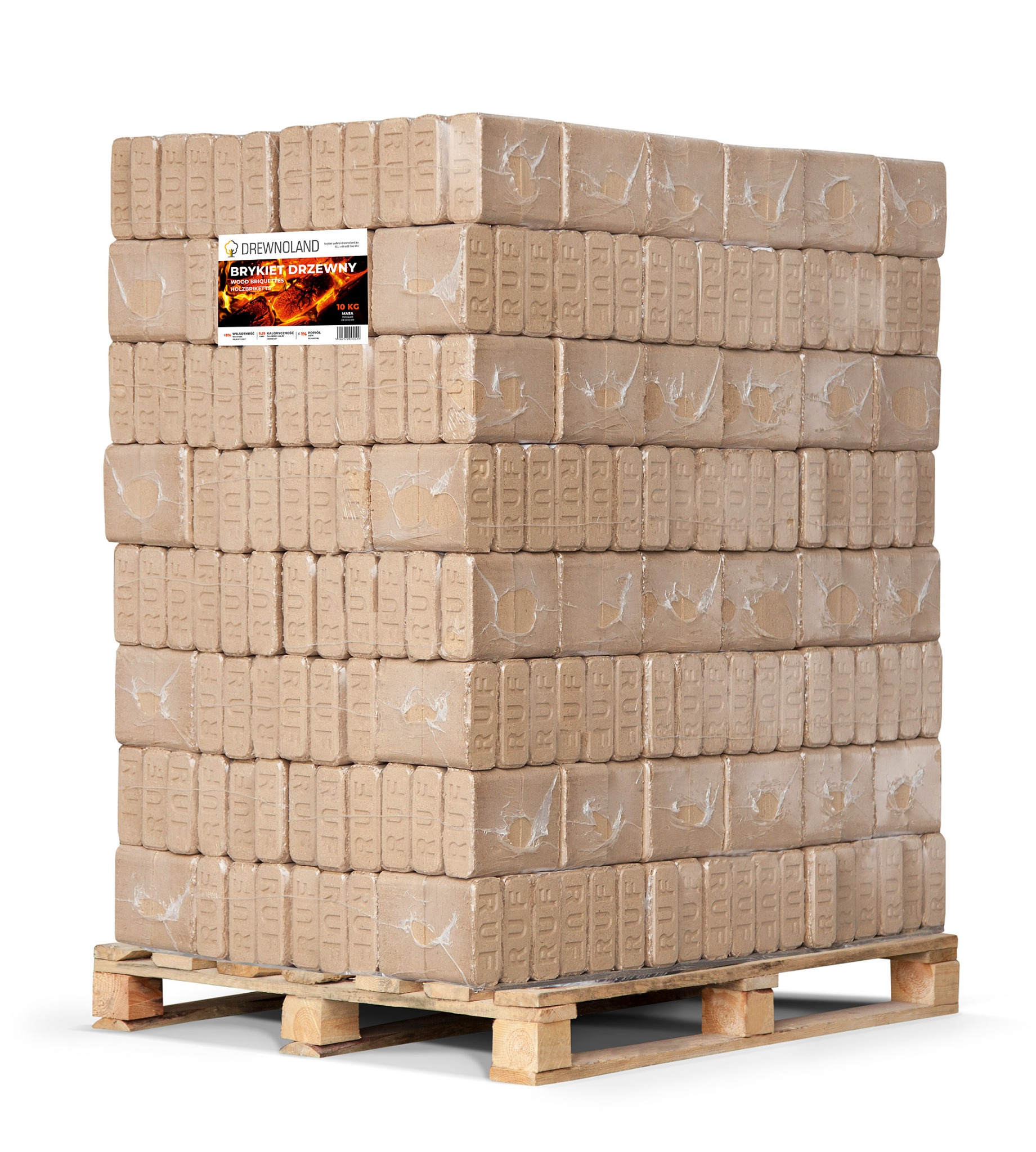 Ułożony na palecie stos brykietu dębowego RUF, opakowany folią, z widoczną etykietą producenta DrewnoLand.