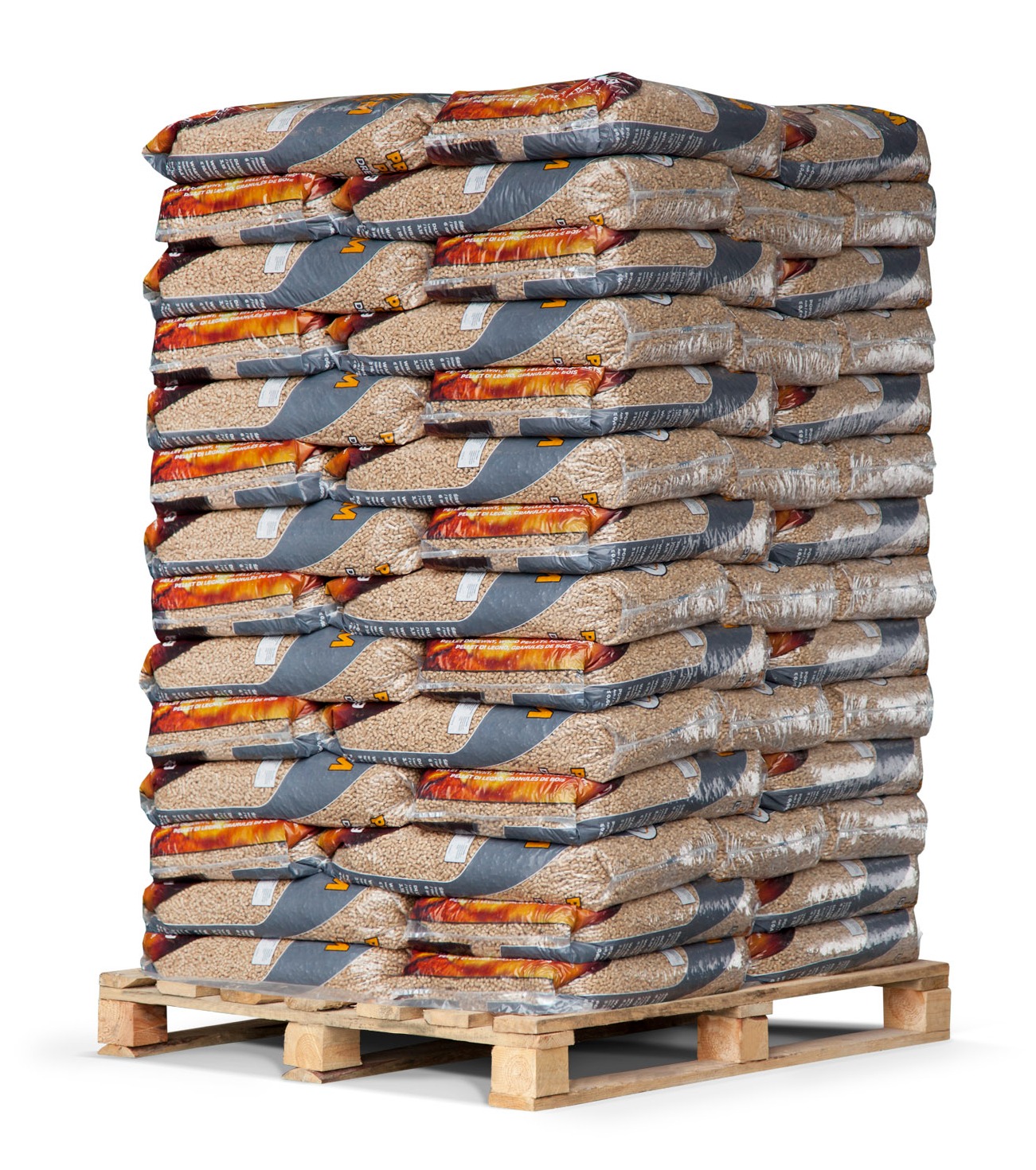 Ułożony na palecie stos worków z pelletem sosnowym premium DINplus A1, oferowany w Sieniawie. Widoczne detale opakowania i tekst na workach.