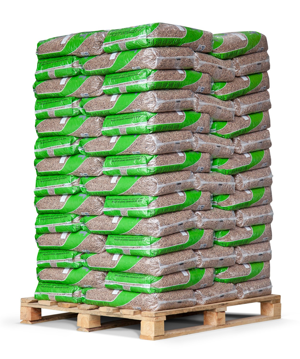 Ułożone na palecie worki z pelletem drzewnym w zielonych opakowaniach, widoczne drobne granulki pelletu przez przezroczystą folię worków.