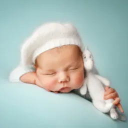 Śpiący noworodek w białej czapce, przytulający dzierganą zabawkę królika na jasnoniebieskim tle.