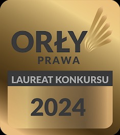 Złota statuetka konkursu Orły Prawa, laureat 2024, na ciemnym tle.