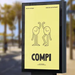 Żółty plakat reklamowy na ulicy w Warszawie przedstawia czarne rysunkowe postacie z napisem 'COMPI' poniżej, zachęcając do przyjaźni zamiast bycia obcym.