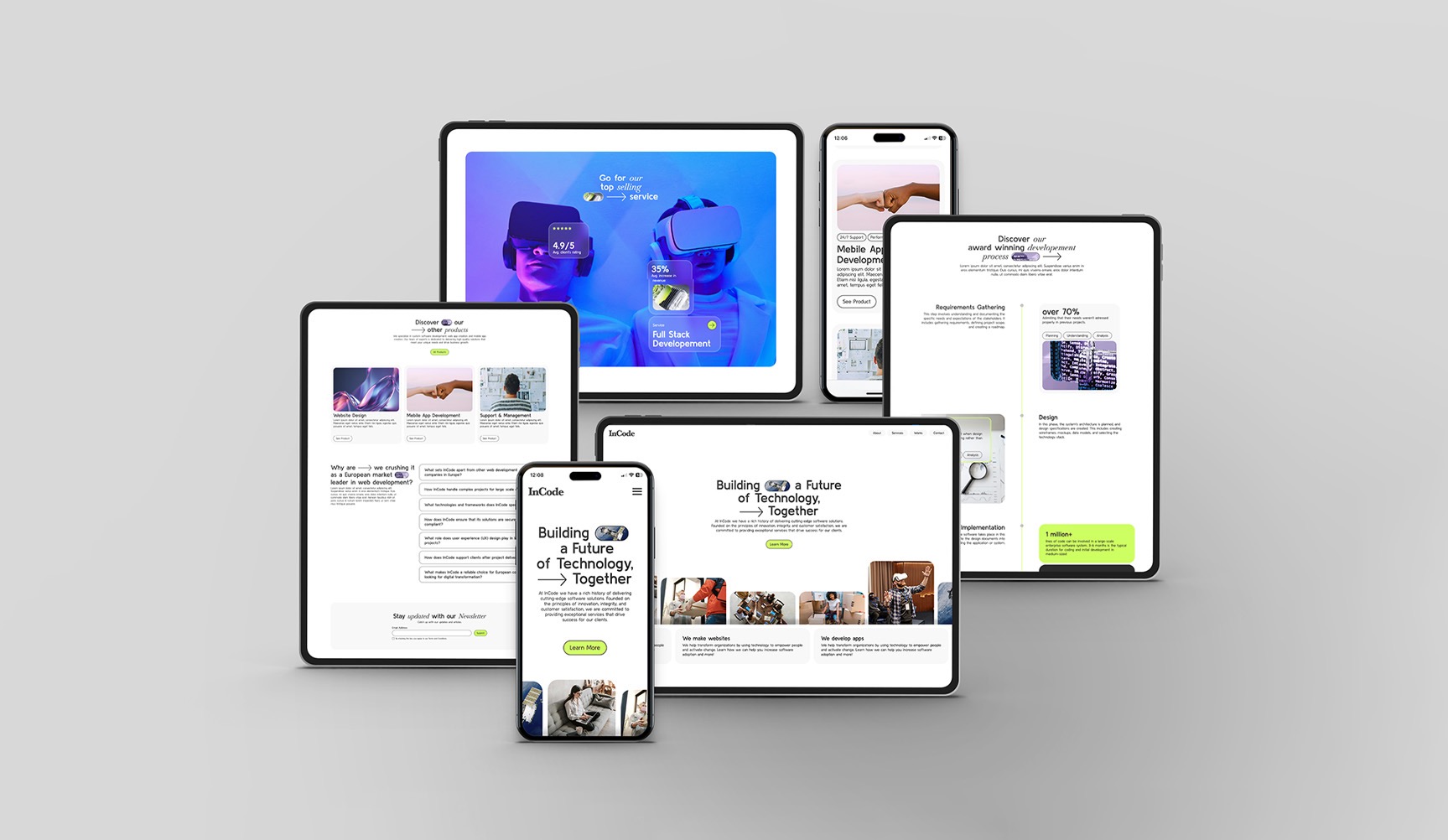 Różne urządzenia elektroniczne, w tym tablety i smartfony, prezentują strony internetowe i aplikacje firmy InCode, odzwierciedlając ich wszechstronne podejście do tworzenia cyfrowych rozwiązań.