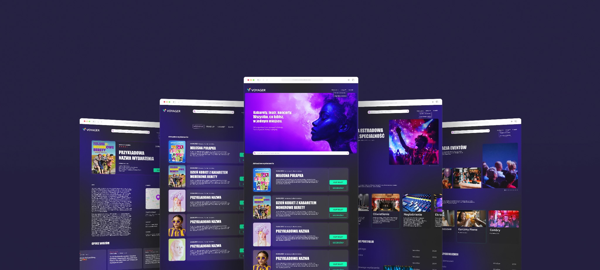 Prezentacja responsywnej strony internetowej agencji eventowej na kilku ekranach, z widocznymi elementami interfejsu użytkownika, takimi jak menu, wyszukiwarka, aktualne wydarzenia i portfolio.