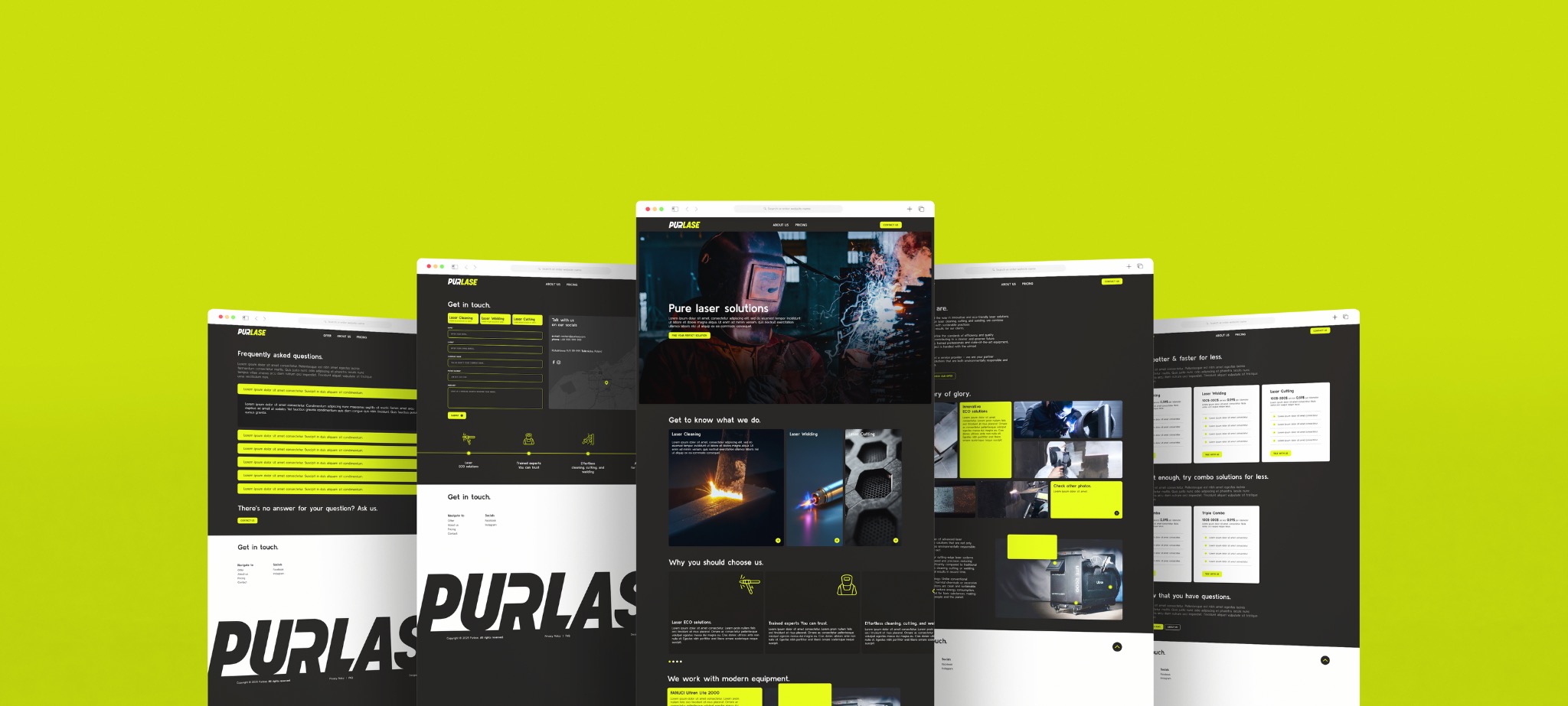 Prezentacja responsywnej strony internetowej z motywem przewodnim laserowego czyszczenia i spawania, na jednolitym zielonym tle.