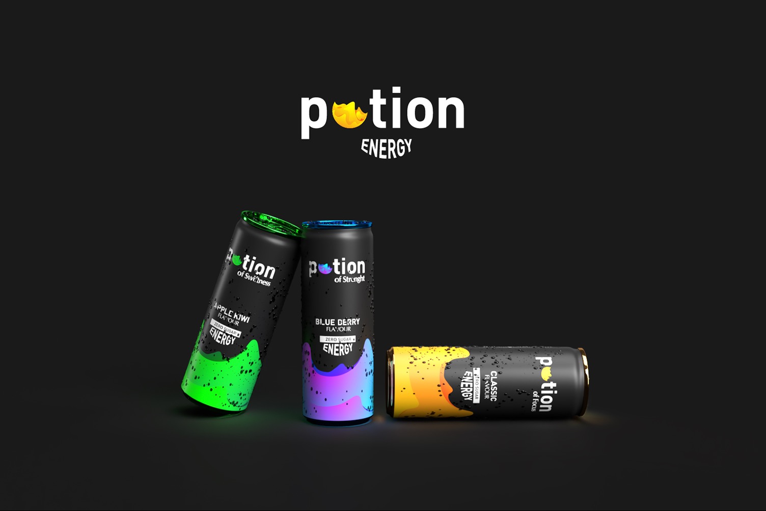 Trzy czarne puszki napoju energetycznego Potion o różnych smakach (jabłko-kiwi, jagoda, klasyczny) na ciemnym tle, z logo firmy u góry.