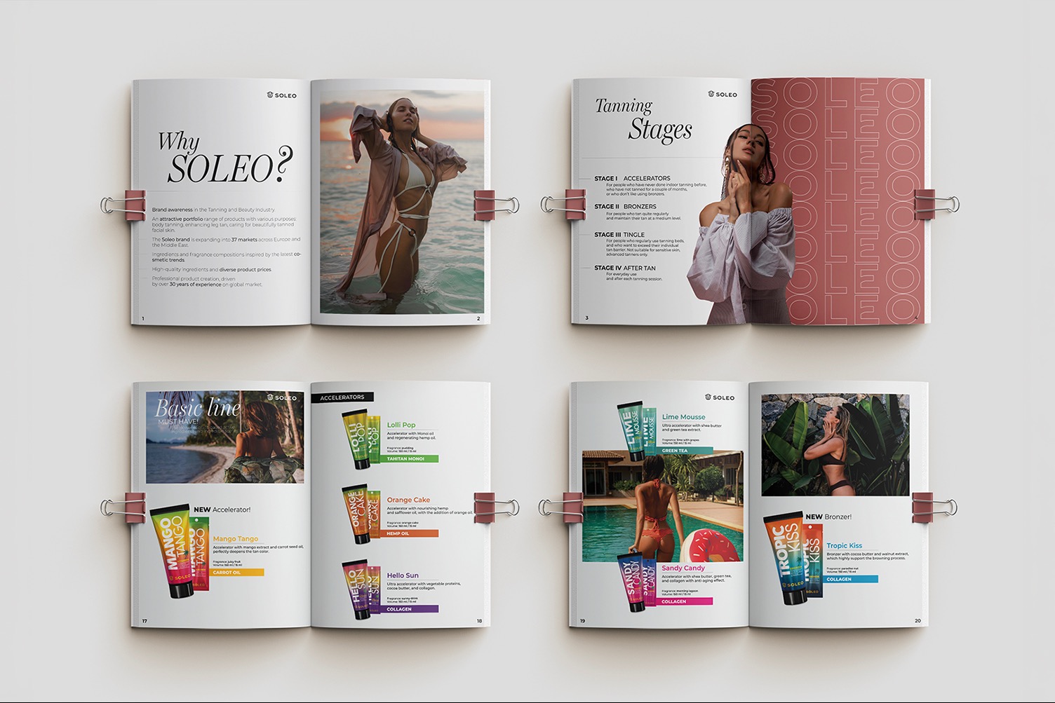 Otwarta broszura reklamowa z fotografiami modelek prezentujących produkty do opalania i opisy poszczególnych linii kosmetyków, takich jak Mango Tango, Lolli Pop i Tropic Kiss.