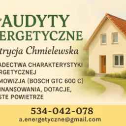 Grafika reklamowa firmy oferującej audyty energetyczne, świadectwa charakterystyki energetycznej, termowizję (BOSCH GTC 600 C) oraz pomoc w uzyskaniu dofinansowań, na beżowym tle z ilustracją domu...