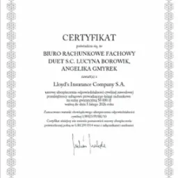 Skan certyfikatu ubezpieczenia OC biura rachunkowego Fachowy Duet S.C. Lucyna Borowik, Angelika Gmyrek z Lloyd's Insurance Company S.A. na kwotę 50 000 zł, ważny do 5 lutego 2026 roku,...
