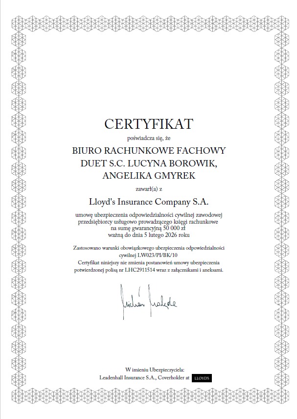 Skan certyfikatu ubezpieczenia OC biura rachunkowego Fachowy Duet S.C. Lucyna Borowik, Angelika Gmyrek z Lloyd's Insurance Company S.A. na kwotę 50 000 zł, ważny do 5 lutego 2026 roku,...