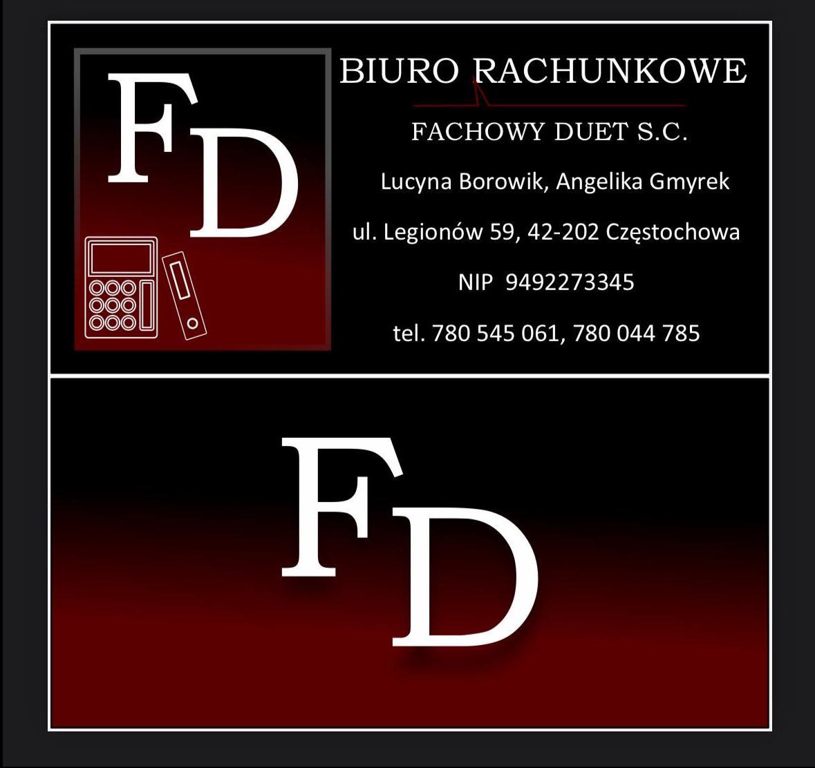 Wizytówka biura rachunkowego Fachowy Duet S.C. z Częstochowy, z logo FD, adresem ul. Legionów 59, numerem NIP i telefonami.