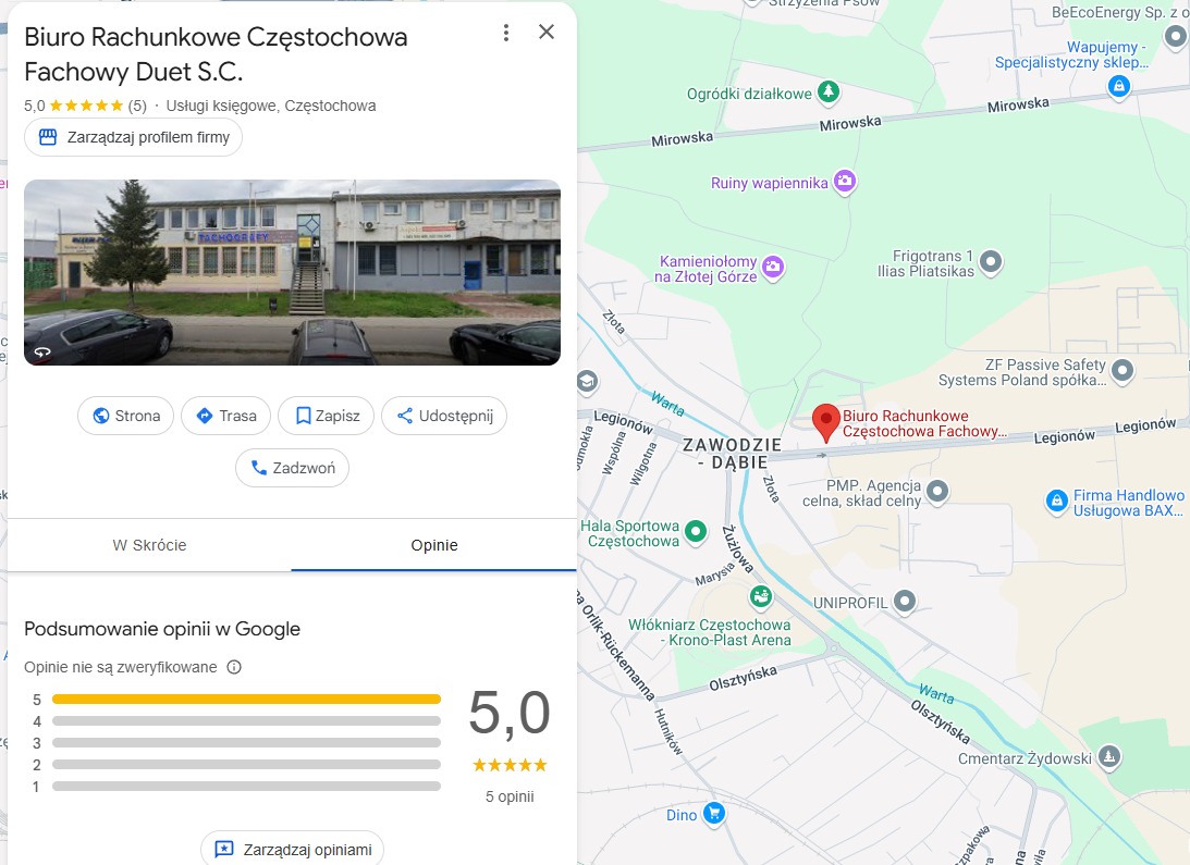 Widok budynku biura rachunkowego z Google Maps, z oceną 5.0 i informacją o usługach księgowych w Częstochowie, z widocznymi samochodami na parkingu przed budynkiem i mapą lokalizacji w tle.