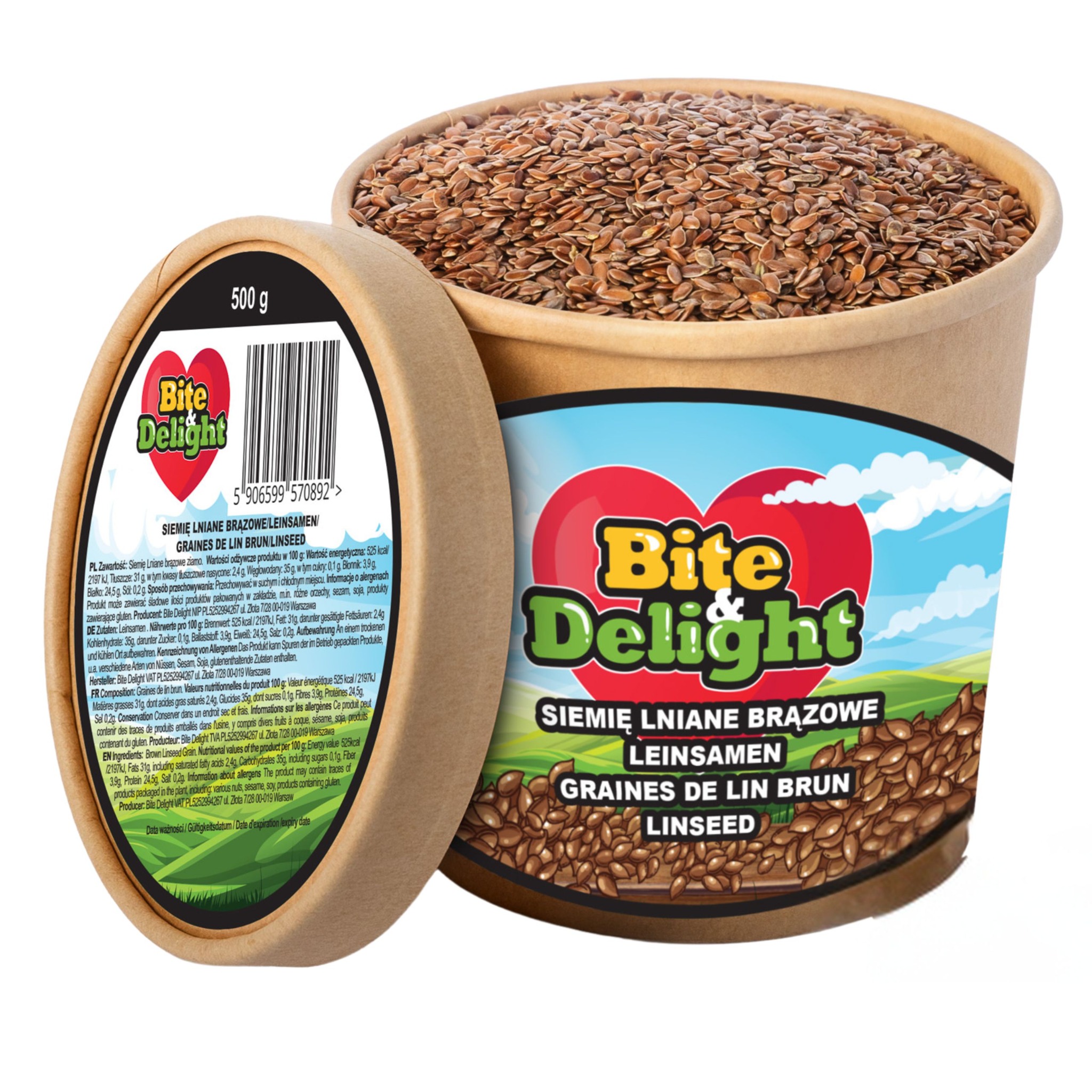 Dwa papierowe pojemniki z brązowym siemieniem lnianym, jeden otwarty, drugi z zamkniętą pokrywką, na białym tle.