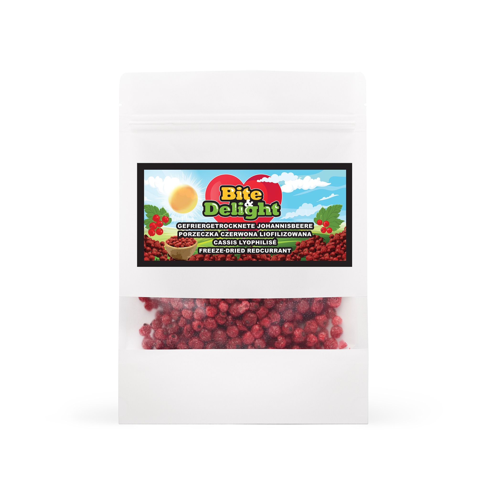 Woreczek z liofilizowaną porzeczką czerwoną od firmy z Warszawy, z widocznym logo Bite Delight i etykietą informacyjną.