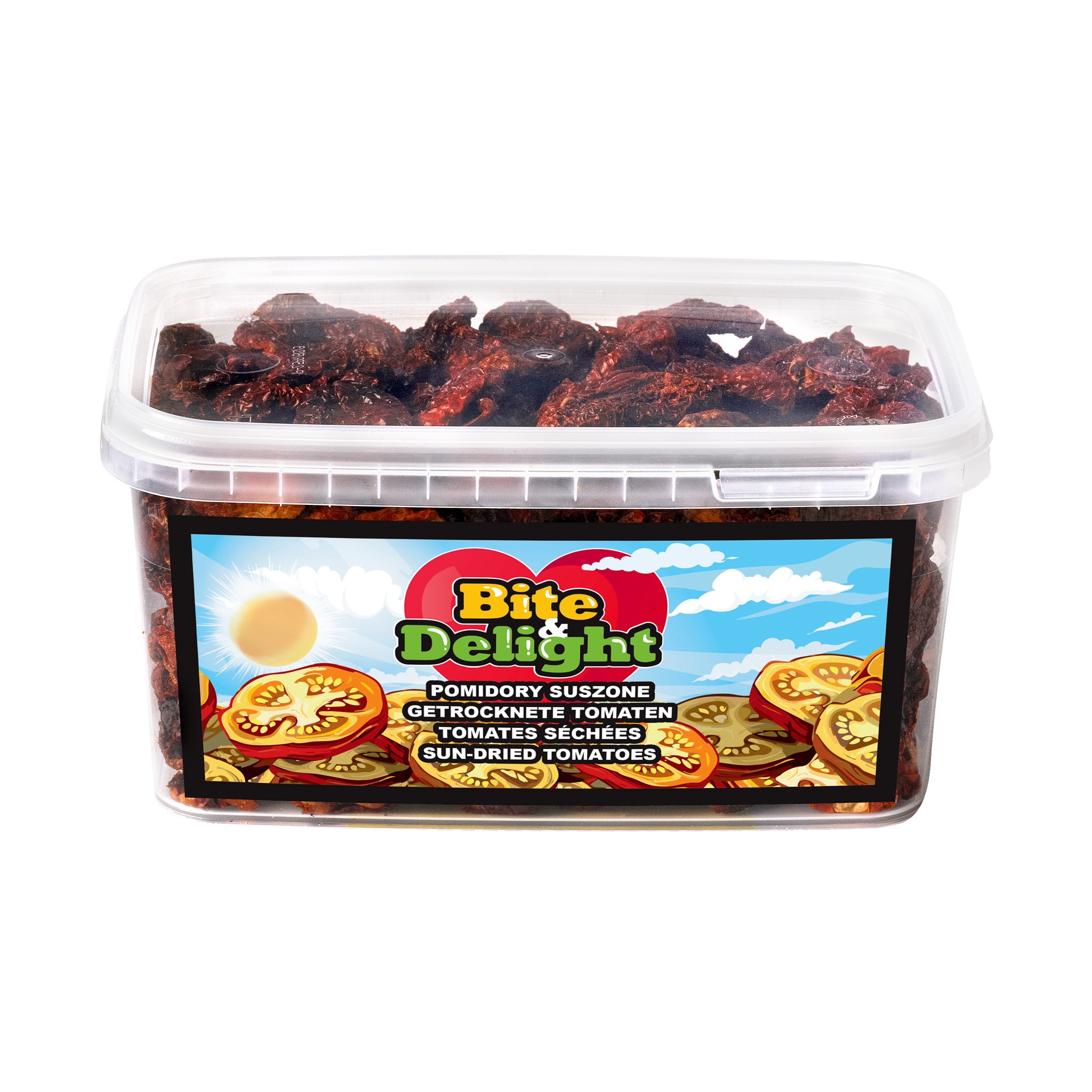 Plastikowe pudełko wypełnione suszonymi pomidorami z etykietą 'Bite & Delight' prezentowane na białym tle.