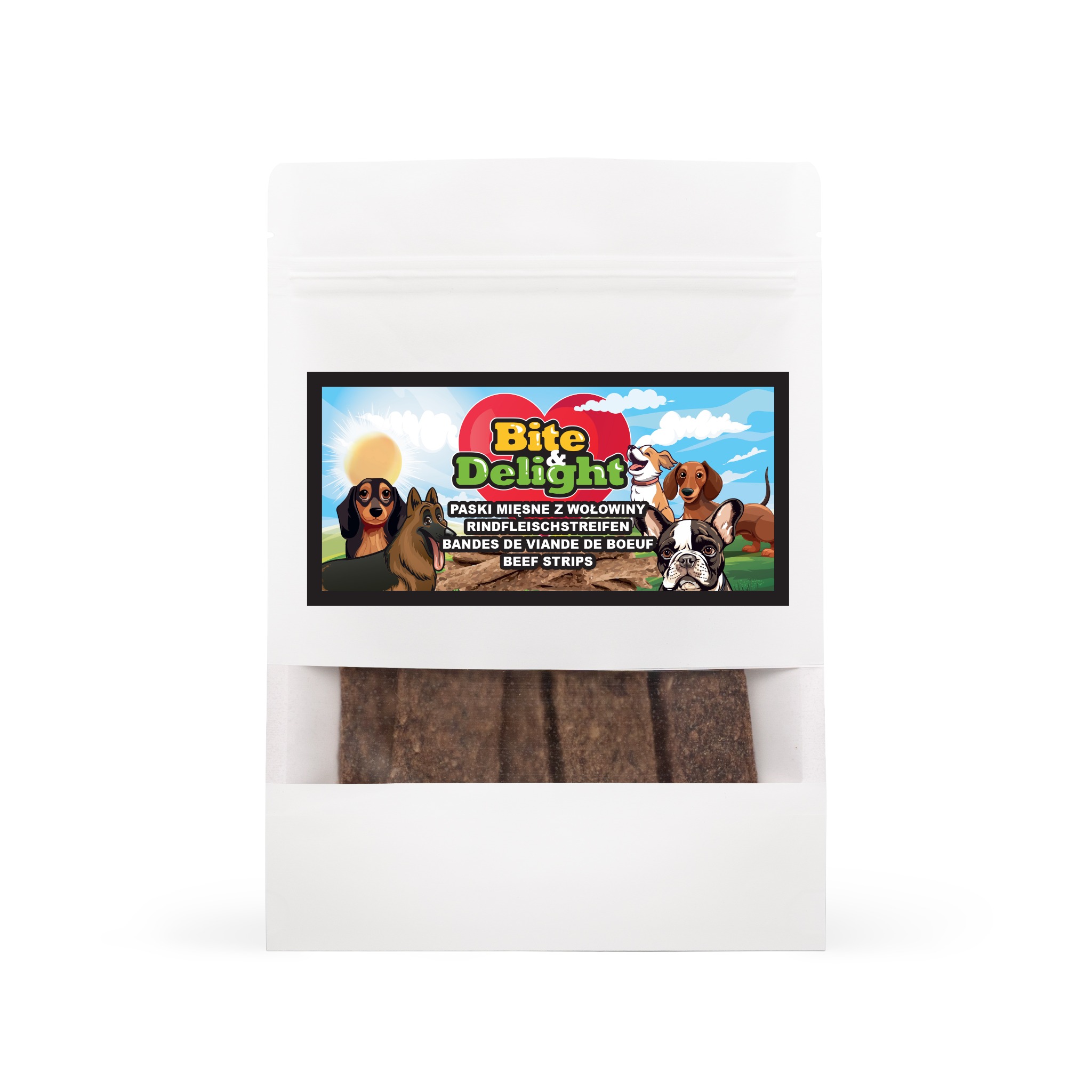 Białe opakowanie karmy dla psów z paskami wołowymi, z widocznym logo Bite & Delight i ilustracjami psów różnych ras.