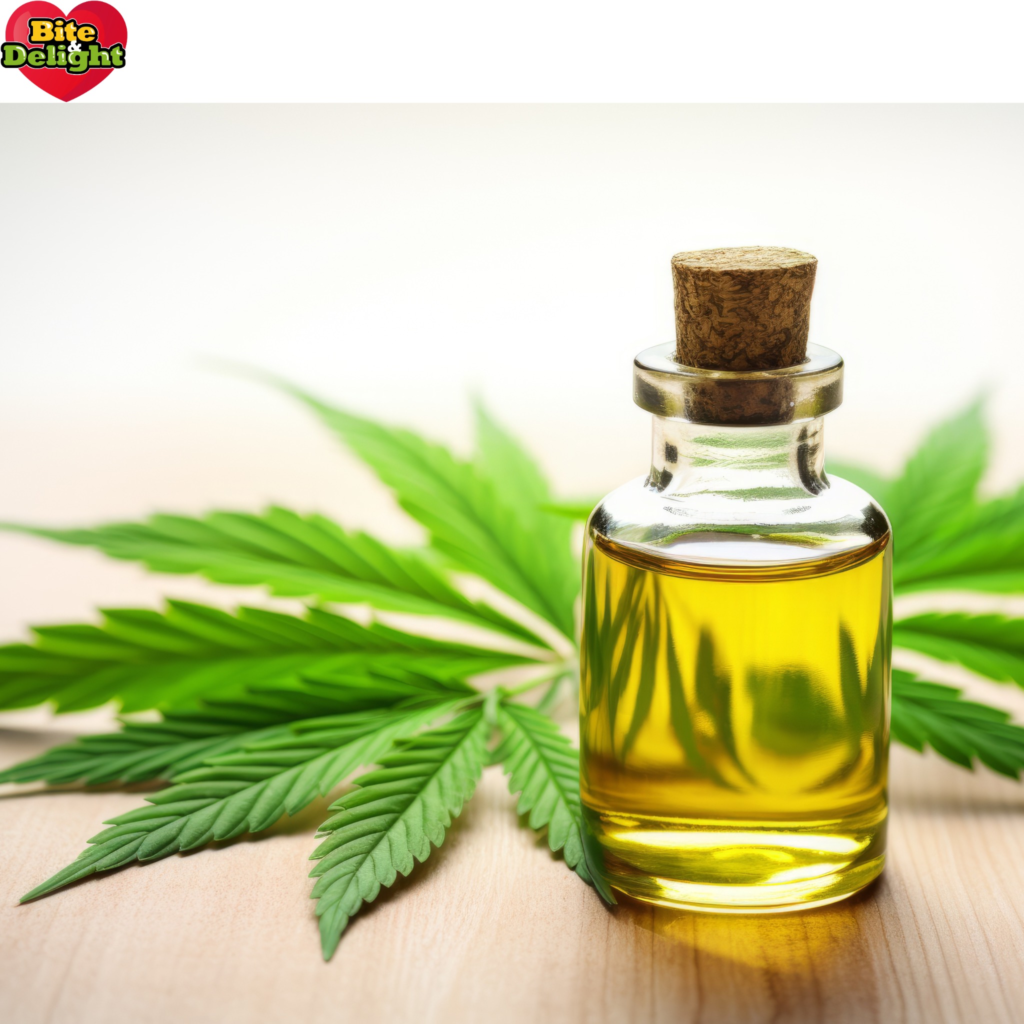 Szklana buteleczka z korkiem wypełniona złotym płynem, obok liść konopi na jasnym drewnianym tle.