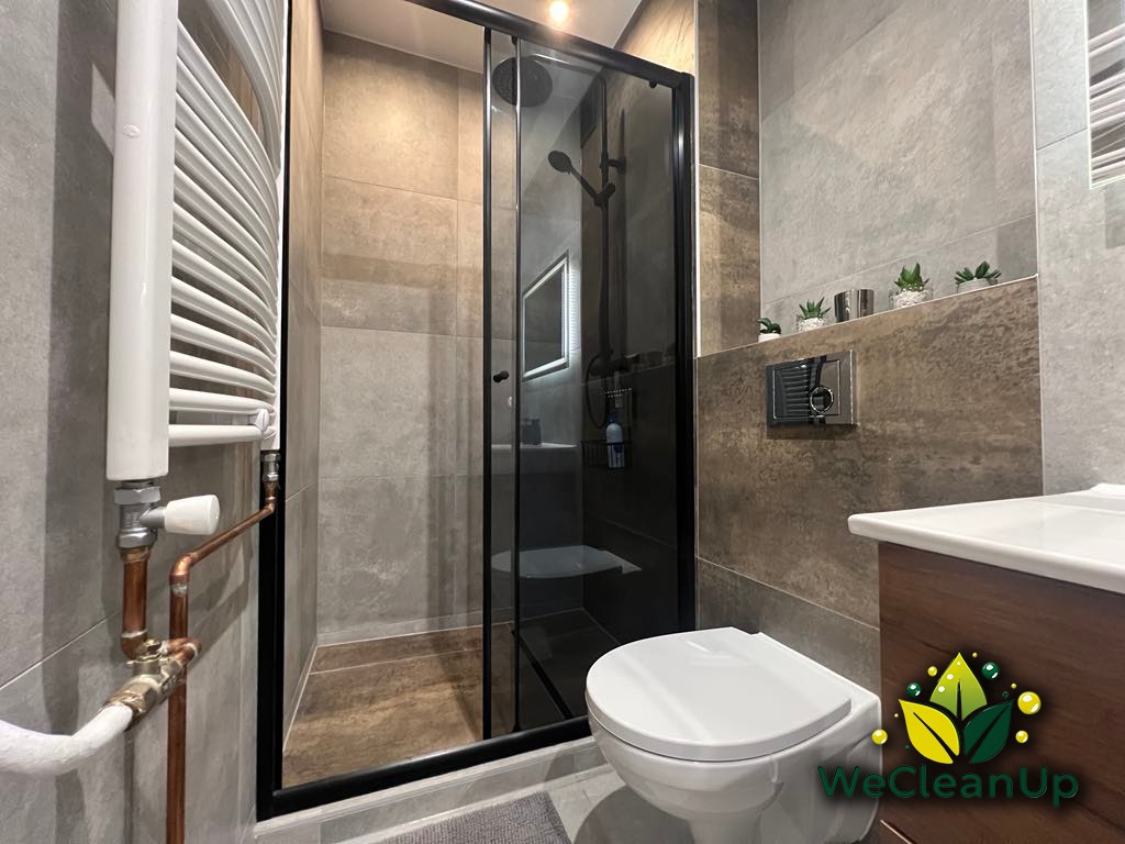 Nowoczesna łazienka po sprzątaniu: kabina prysznicowa z czarnymi ramami, biała toaleta wisząca, grzejnik drabinkowy i dekoracyjne sukulenty na półce.