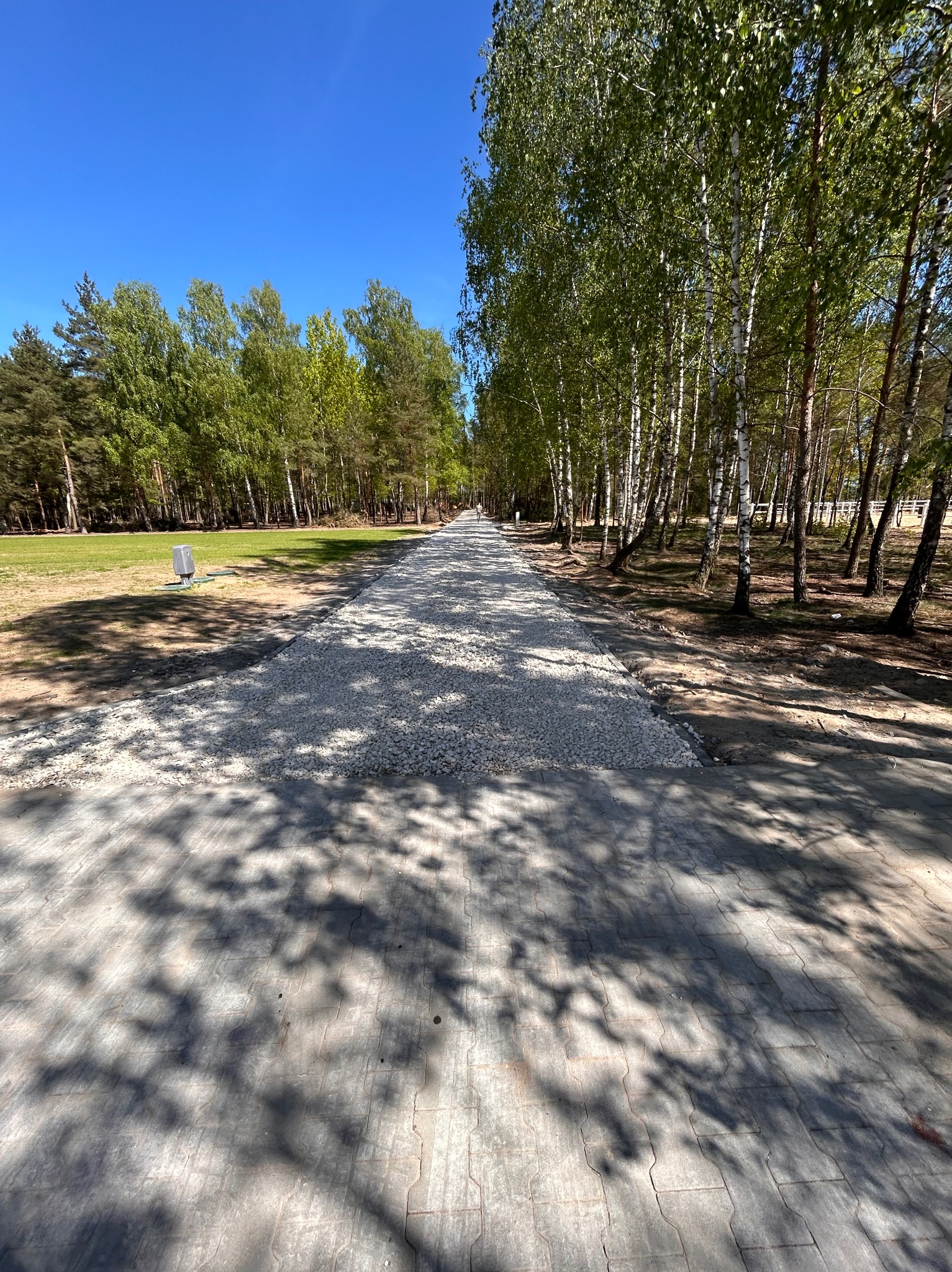 Długa, prosta ścieżka w parku, częściowo utwardzona jasną kostką, a częściowo wysypana żwirem. W tle drzewa liściaste i iglaste pod błękitnym niebem.
