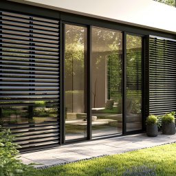 IDEAL ADRIANNA NOWACZYK - Nowoczesne okno przesuwne z czarnymi, poziomymi żaluzjami zewnętrznymi, widok z zewnątrz na taras z zielenią i roślinami w donicach.