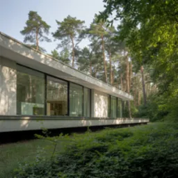 Nowoczesny, parterowy dom z dużymi oknami, otoczony zielenią lasu. Minimalistyczna architektura wtopiona w naturalne otoczenie, widok z poziomu gruntu.