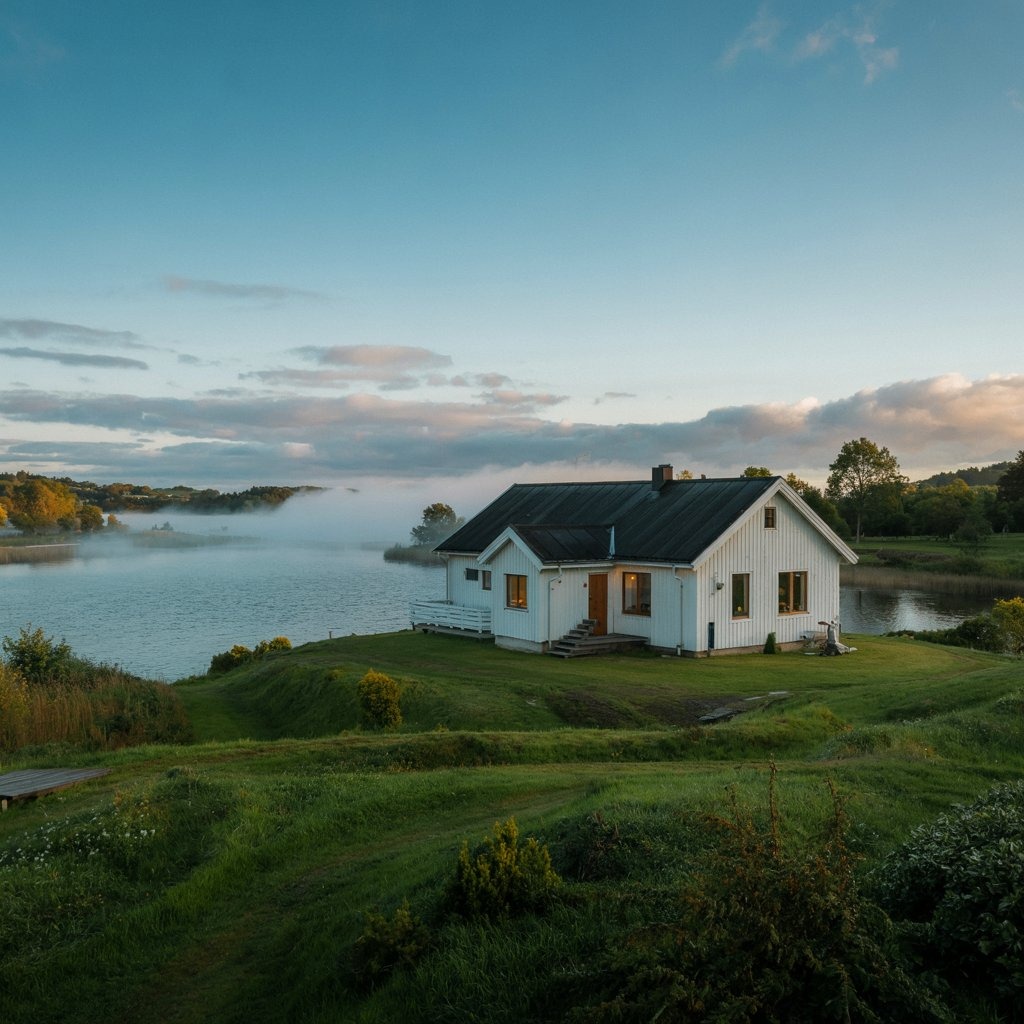 Biały dom z czarnym dachem na wzgórzu nad jeziorem w porannej mgle, widok z niskiego kąta, zieleń trawy na pierwszym planie.