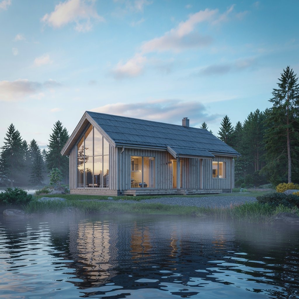 Wizualizacja domu jednorodzinnego z drewnianą elewacją i dużym oknem szczytowym, położonego nad jeziorem we mgle o świcie.