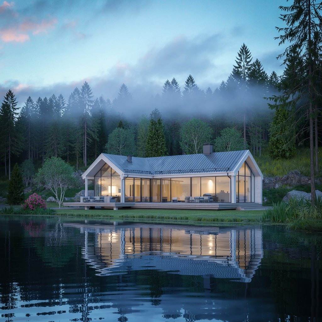 Nowoczesny dom z dużymi przeszkleniami w Gdańsku, położony nad jeziorem, otoczony lasem we mgle, odbijający się w tafli wody.