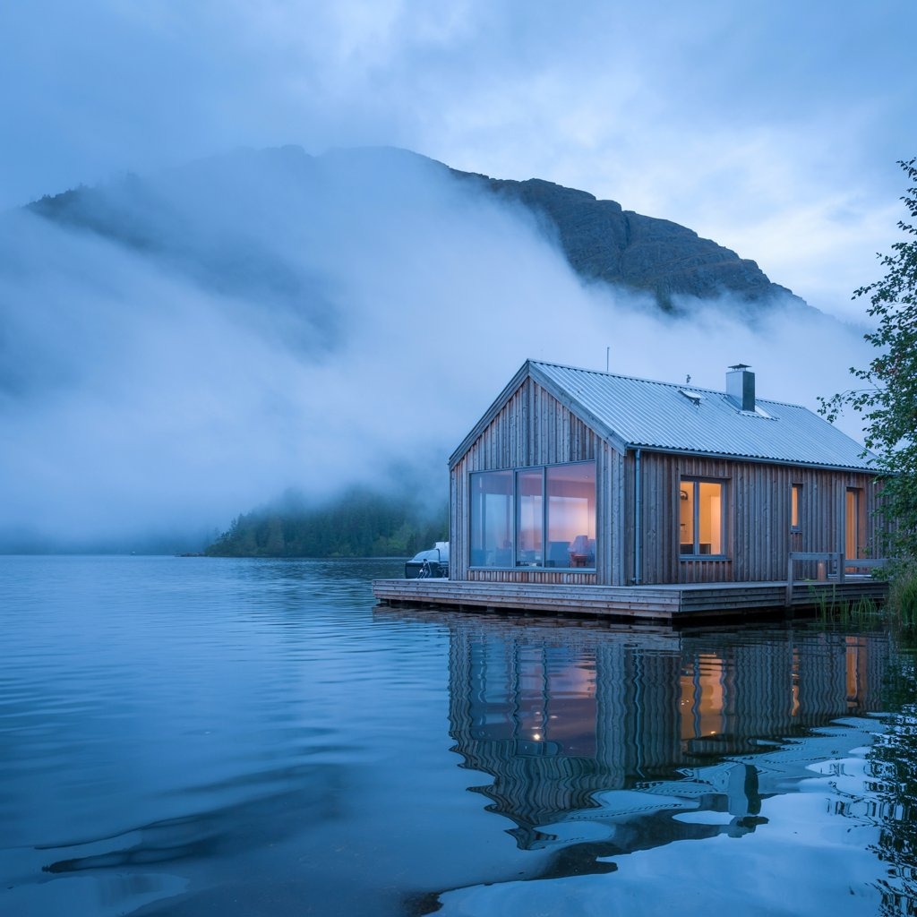 Drewniany dom na wodzie z dużym oknem, odbijający się w tafli jeziora, w tle góra spowita mgłą o zmierzchu.