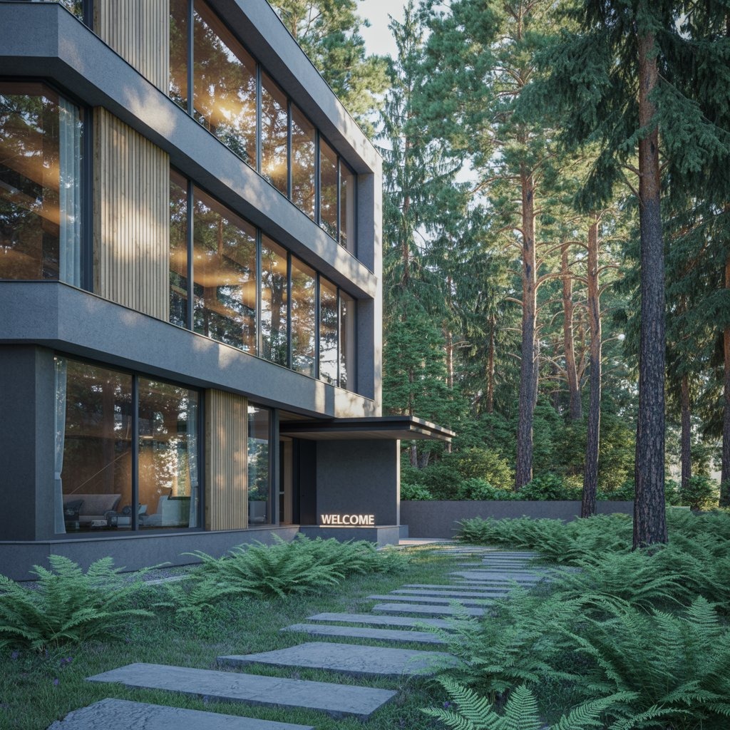 Dwukondygnacyjny dom w Gdańsku z dużymi oknami, otoczony zielenią i lasem. Nowoczesny design, kamienna ścieżka prowadzi do wejścia z napisem WELCOME.