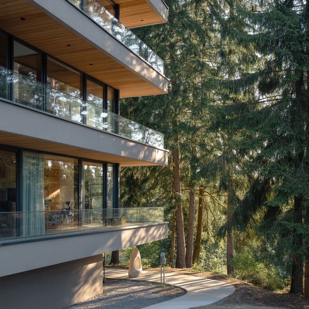 Nowoczesna elewacja budynku z balkonami i szklanymi balustradami, otoczona zielenią drzew. Minimalistyczny styl architektoniczny, naturalne światło.