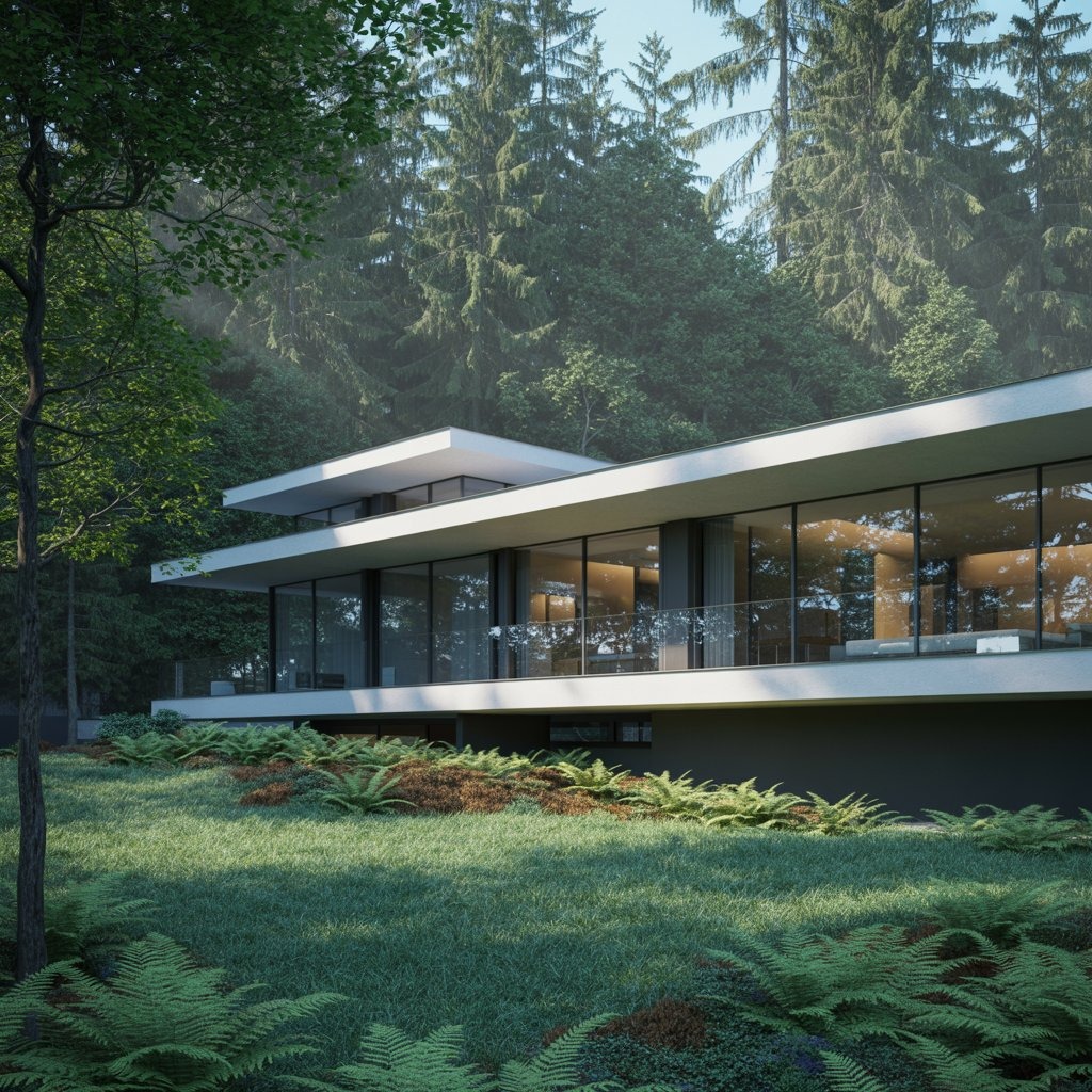 Nowoczesny dom z dużymi oknami i płaskim dachem, otoczony zielenią lasu, z widocznym trawnikiem i paprociami. Minimalistyczny styl budynku wkomponowany w naturalne otoczenie.