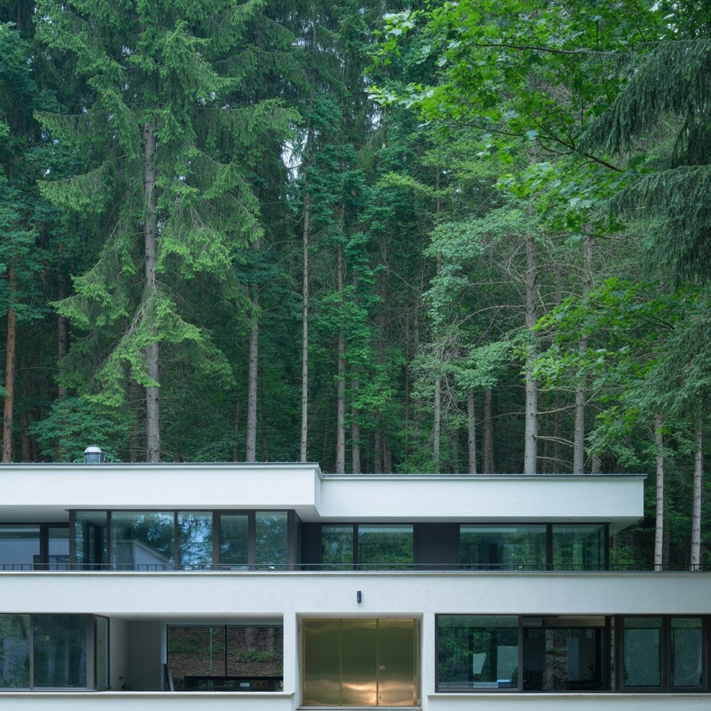 Nowoczesny, dwukondygnacyjny dom z płaskim dachem i dużymi oknami na tle gęstego, zielonego lasu. Minimalistyczna architektura harmonijnie współgra z naturalnym otoczeniem.