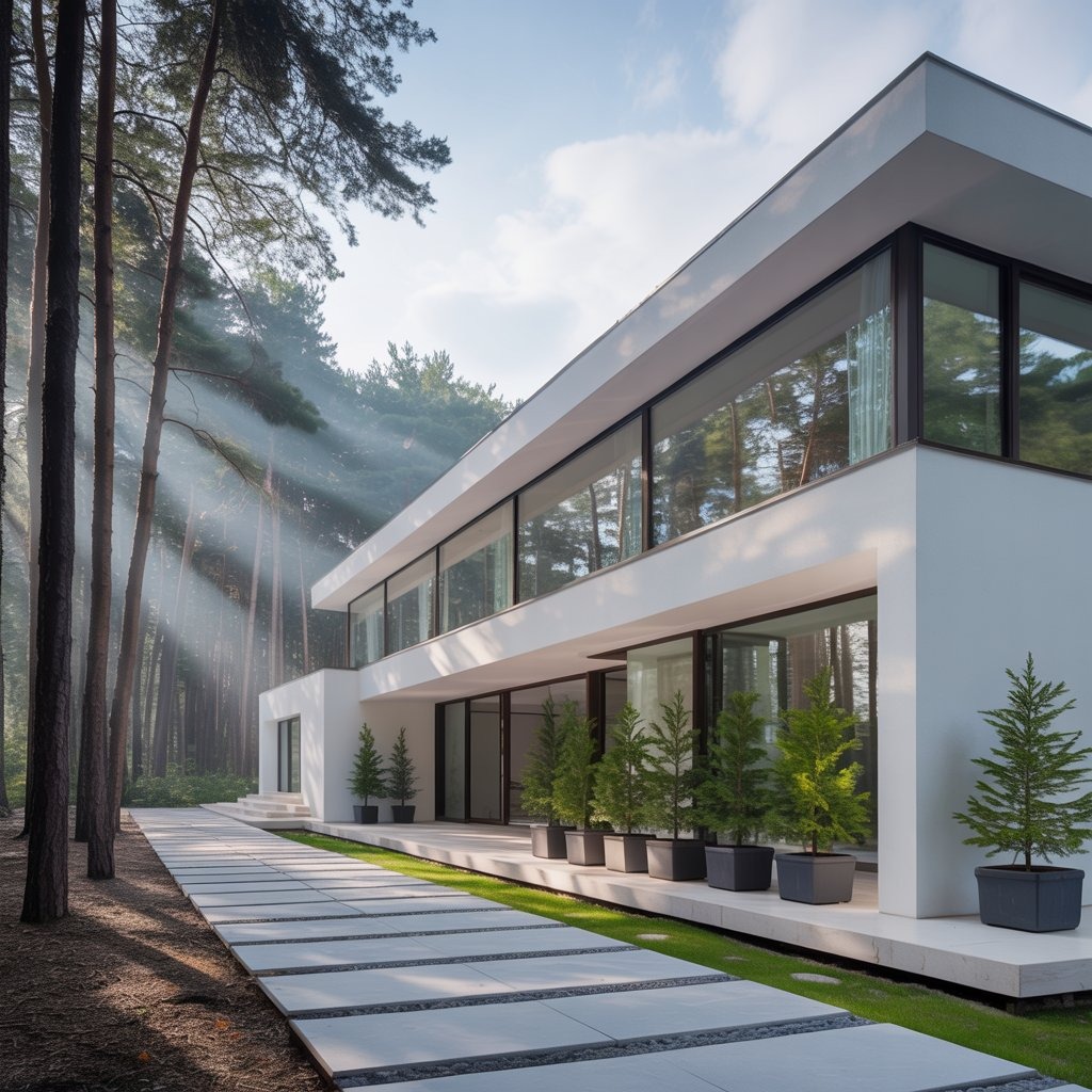 Nowoczesny dom z białymi ścianami i dużymi oknami, otoczony lasem. Ścieżka z płyt prowadzi do wejścia. Oświetlenie słoneczne podkreśla architekturę.