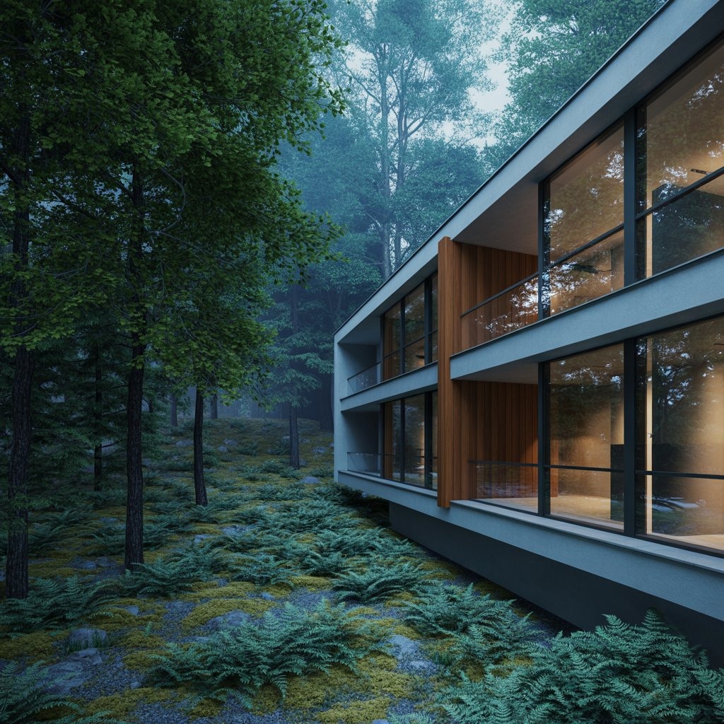 Nowoczesny, dwukondygnacyjny dom z dużymi oknami, otoczony lasem i paprociami. Widok z zewnątrz, wieczorne oświetlenie, minimalistyczny styl.