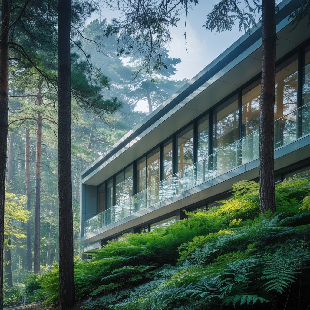 Nowoczesny dom z dużymi oknami wkomponowany w leśny krajobraz, zieleń paproci na pierwszym planie, wysokie drzewa w tle, minimalistyczna architektura.