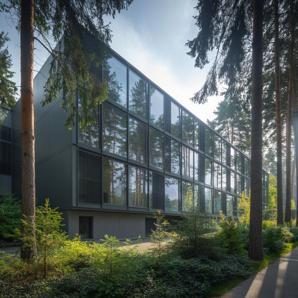 Nowoczesny budynek biurowy z dużymi oknami, otoczony zielenią drzew. Minimalistyczna architektura z elementami naturalnego krajobrazu w tle.