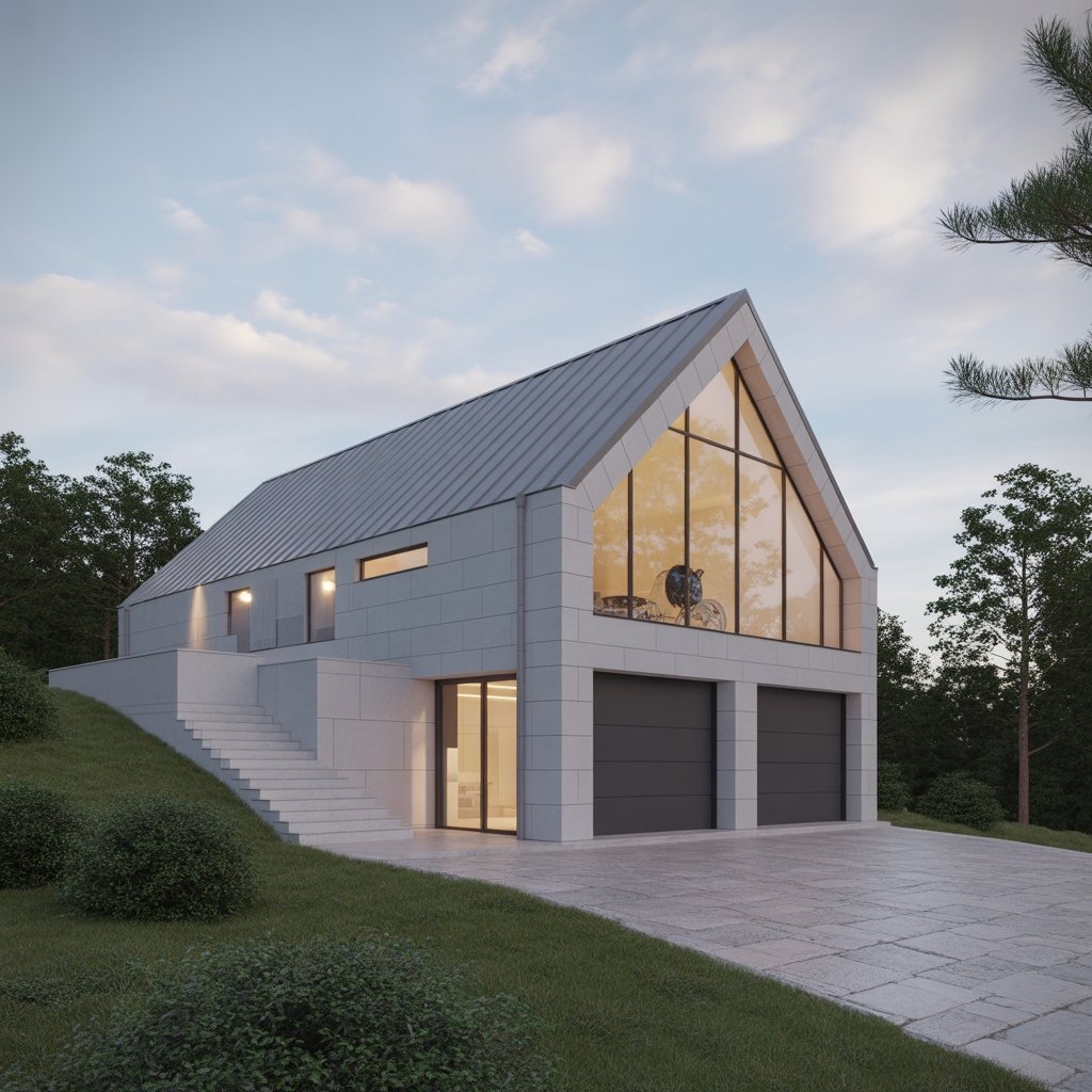 Wizualizacja nowoczesnego domu z dwuspadowym dachem i dużym oknem szczytowym, z widocznym rowerem wewnątrz. Elewacja z jasnych płyt, dwustanowiskowy garaż.